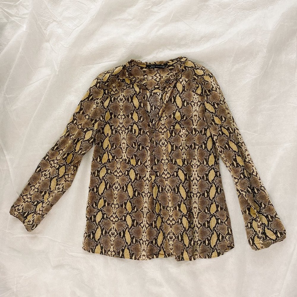 Zara Python Snake Print Cotton Blouse Size M (Guc) - image 3